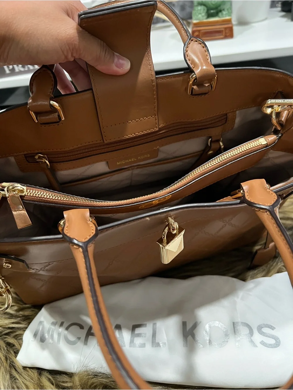 Michael Kors Quilted Tote in Cognac Brown with Gold Hardware